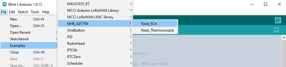 Example selection in Arduino IDE
