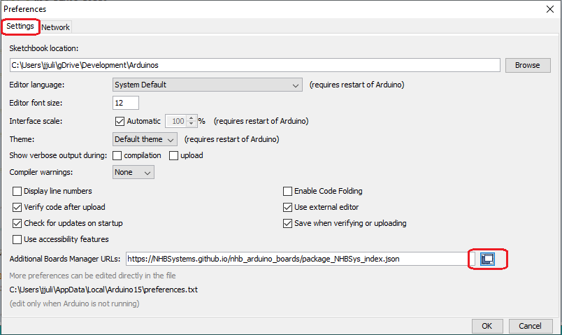 Arduino IDE settings